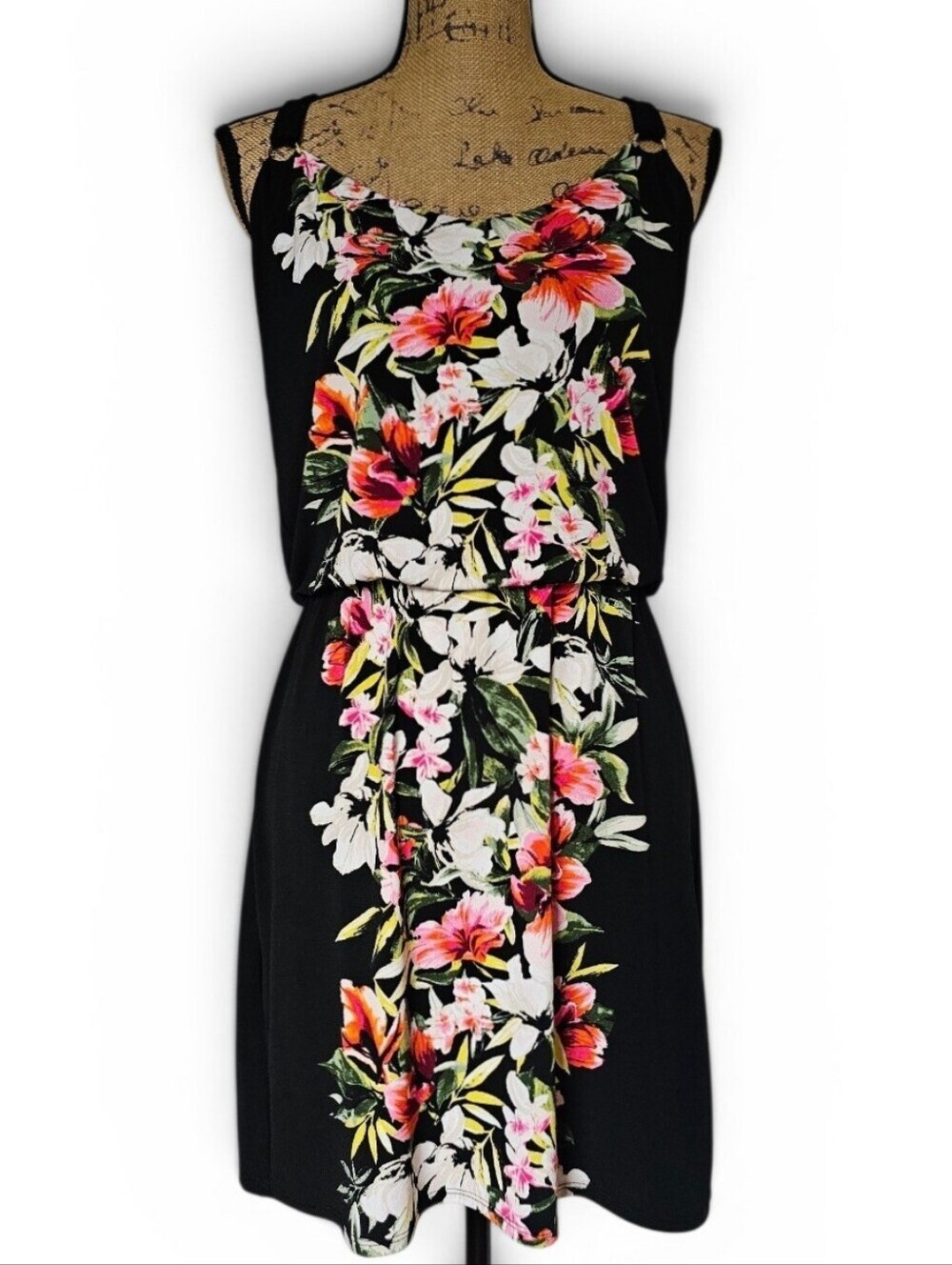 White House Black Market Black Floral Sleeveless Tropical Blouson Dress, Size S
